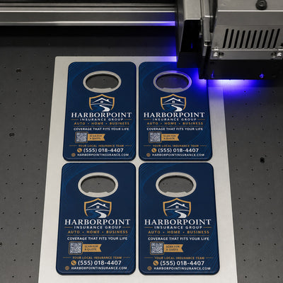 Insurance Agency custom logo bottle opener magnet - close-up of the UV printed logo