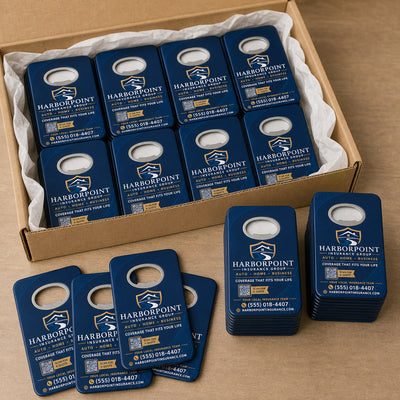 Insurance Agency custom logo bottle opener magnet - bulk order laid out before packing