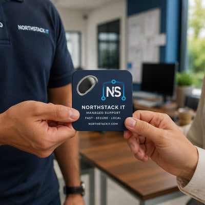 IT Support Company custom logo bottle opener magnet - handed to a customer