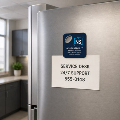 IT Support Company custom logo bottle opener magnet - held on a refrigerator door by its magnetic back