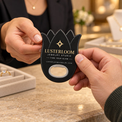 Jewelry Store custom logo bottle opener magnet - handed to a customer