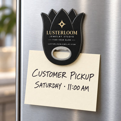 Jewelry Store custom logo bottle opener magnet - held on a refrigerator door by its magnetic back