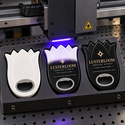 Jewelry Store custom logo bottle opener magnet - close-up of the UV printed logo