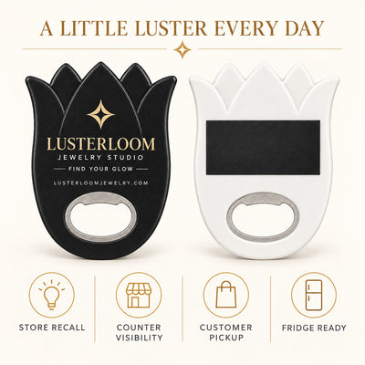 Jewelry Store custom logo bottle opener magnet - front and back of the opener magnet