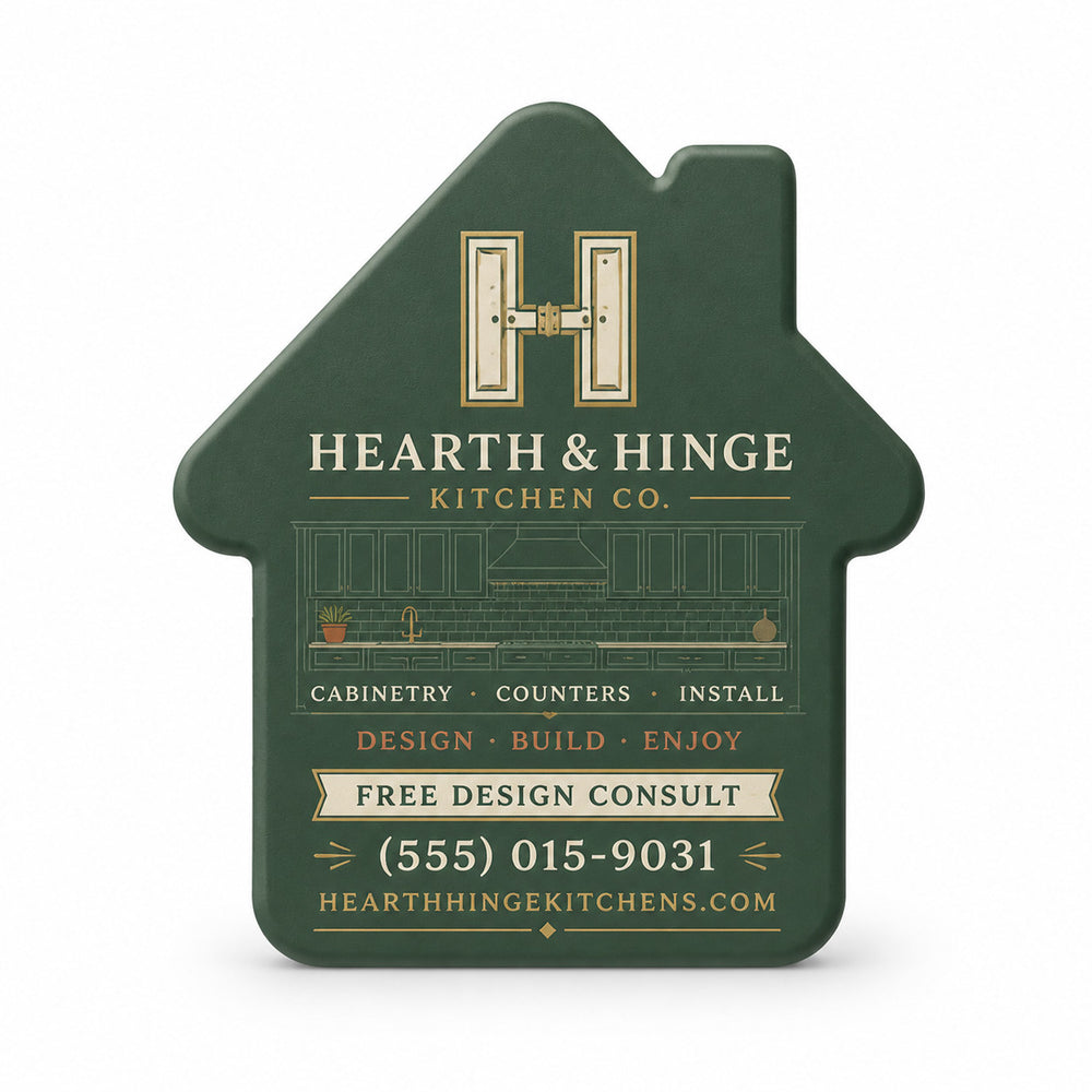 Kitchen Contractor custom logo bottle opener magnet - front view of the printed promotional magnet