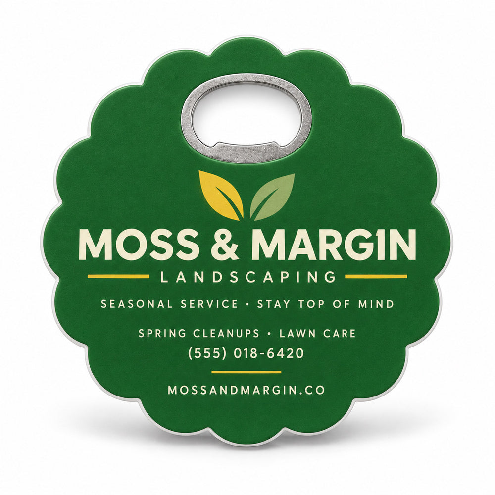 Landscaping Business custom logo bottle opener magnet - front view of the printed promotional magnet