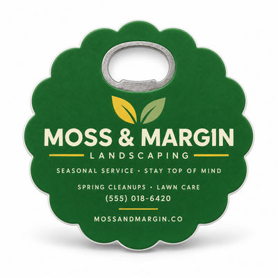 Landscaping Business custom logo bottle opener magnet - front view of the printed promotional magnet