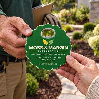 Landscaping Business custom logo bottle opener magnet - handed to a customer