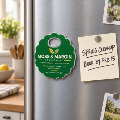 Landscaping Business custom logo bottle opener magnet - held on a refrigerator door by its magnetic back