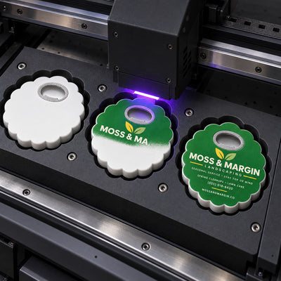 Landscaping Business custom logo bottle opener magnet - close-up of the UV printed logo