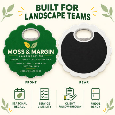 Landscaping Business custom logo bottle opener magnet - front and back of the opener magnet