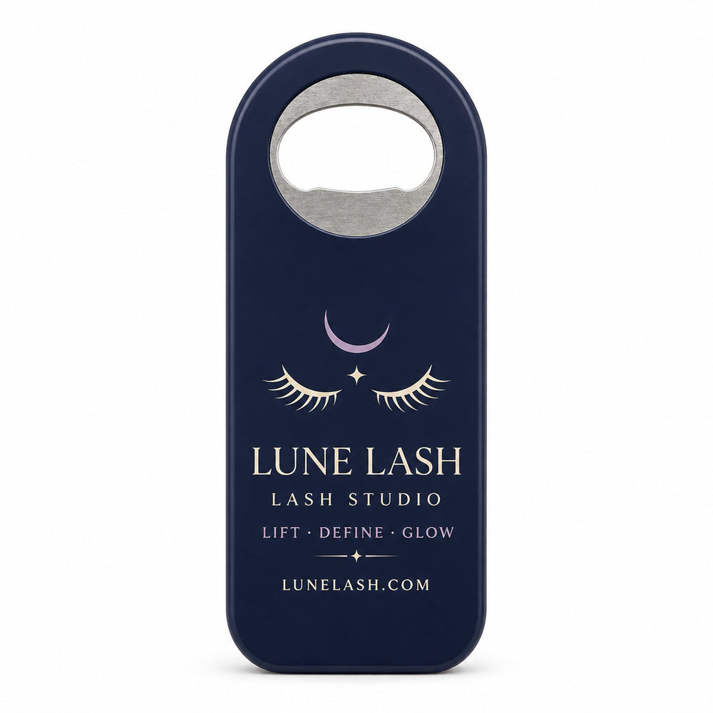 Lash Studio custom logo bottle opener magnet - front view of the printed promotional magnet