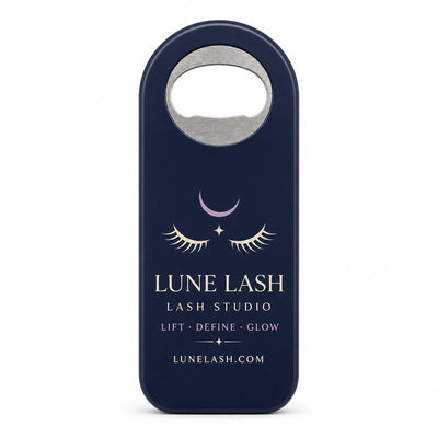 Lash Studio custom logo bottle opener magnet - front view of the printed promotional magnet