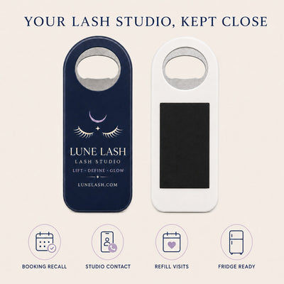 Lash Studio custom logo bottle opener magnet - front and back of the opener magnet