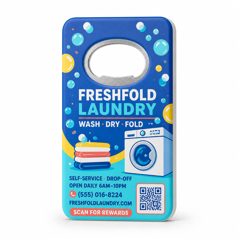 Laundromat Promotional custom logo bottle opener magnet - front view of the printed promotional magnet