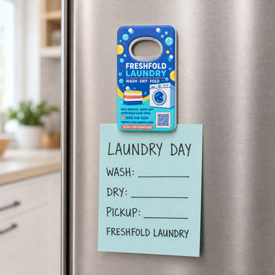 Laundromat Promotional custom logo bottle opener magnet - held on a refrigerator door by its magnetic back