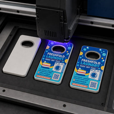 Laundromat Promotional custom logo bottle opener magnet - close-up of the UV printed logo
