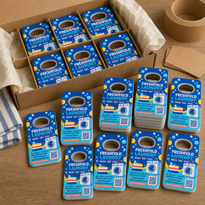 Laundromat Promotional custom logo bottle opener magnet - bulk order laid out before packing