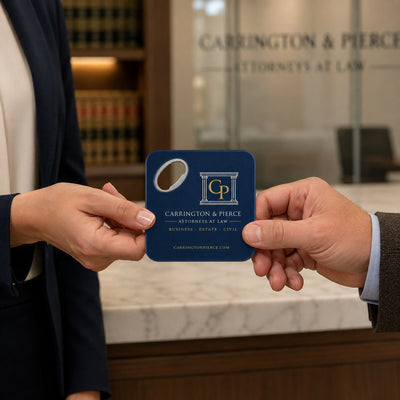 Law Firm custom logo bottle opener magnet - handed to a customer