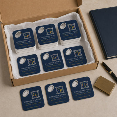 Law Firm custom logo bottle opener magnet - bulk order laid out before packing