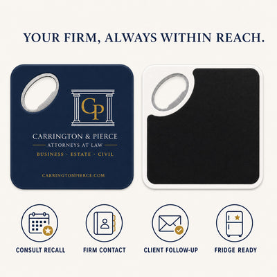 Law Firm custom logo bottle opener magnet - front and back of the opener magnet