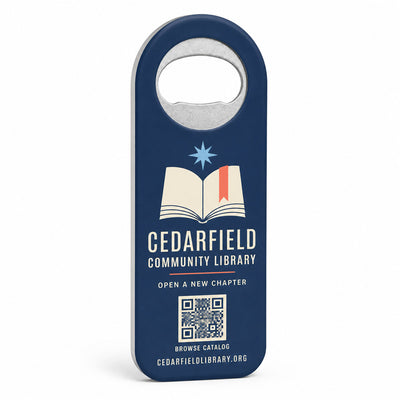 Library custom logo bottle opener magnet - front view of the printed promotional magnet