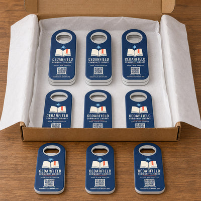 Library custom logo bottle opener magnet - bulk order prepared for packing