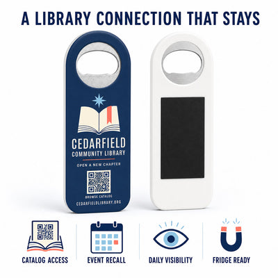 Library custom logo bottle opener magnet - front and back of the opener magnet