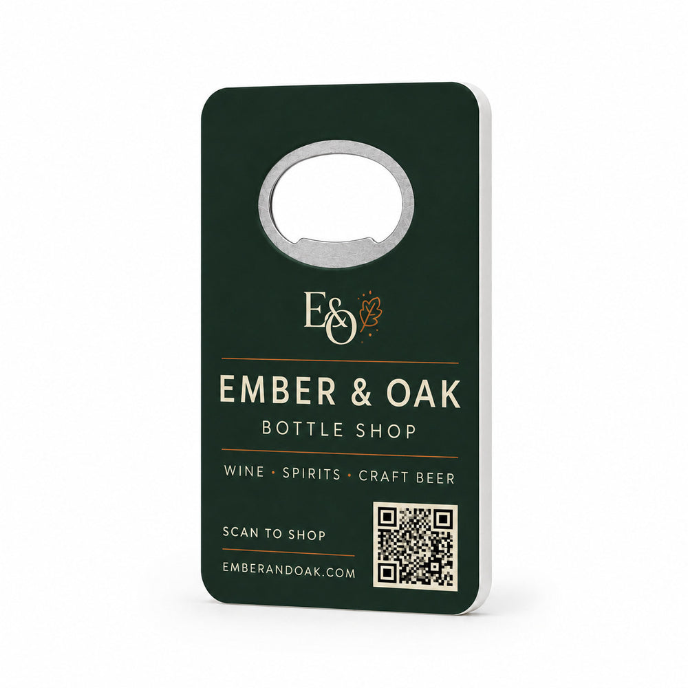 Liquor Store Promotional custom logo bottle opener magnet - front view of the printed promotional magnet