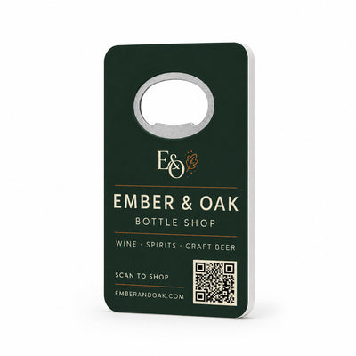 Liquor Store Promotional custom logo bottle opener magnet - front view of the printed promotional magnet