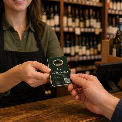 Liquor Store Promotional custom logo bottle opener magnet - handed to a customer