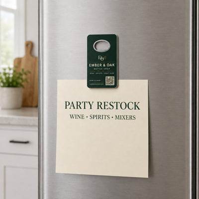 Liquor Store Promotional custom logo bottle opener magnet - held on a refrigerator door by its magnetic back