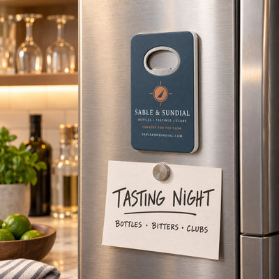 Liquor Store Promotional custom logo bottle opener magnet - held on a refrigerator door by its magnetic back