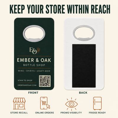 Liquor Store Promotional custom logo bottle opener magnet - front and back of the opener magnet