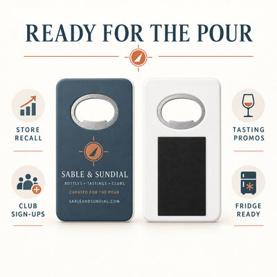 Liquor Store Promotional custom logo bottle opener magnet - front and back of the opener magnet