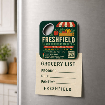 Local Grocery Store custom logo bottle opener magnet - held on a refrigerator door by its magnetic back