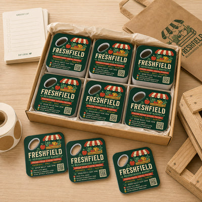 Local Grocery Store custom logo bottle opener magnet - bulk order laid out before packing