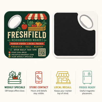 Local Grocery Store custom logo bottle opener magnet - product features