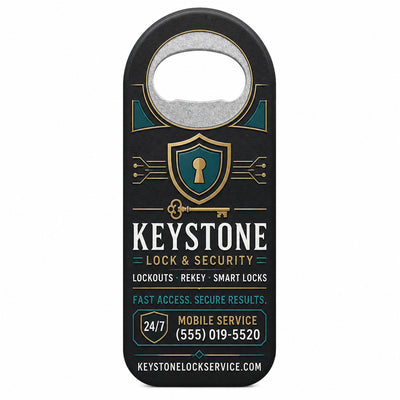 Locksmith custom logo bottle opener magnet - front view of the printed promotional magnet