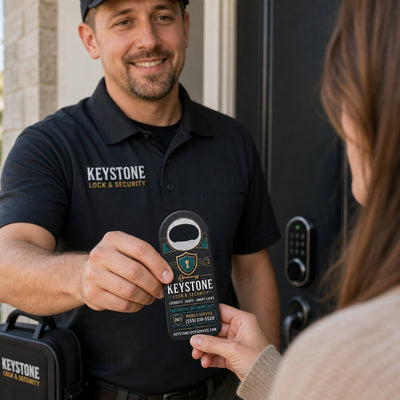 Locksmith custom logo bottle opener magnet - handed to a customer after a service call