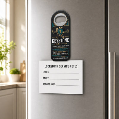 Locksmith custom logo bottle opener magnet - held on a refrigerator door by its magnetic back