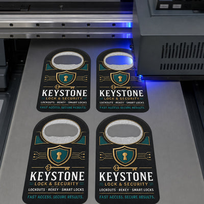 Locksmith custom logo bottle opener magnet - close-up of the UV printed logo