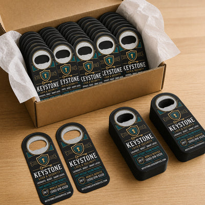 Locksmith custom logo bottle opener magnet - bulk order laid out before packing