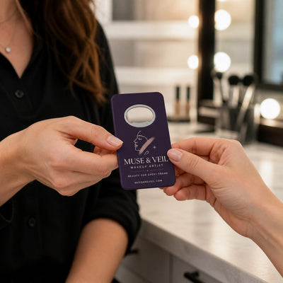 Makeup Artist custom logo bottle opener magnet - handed to a customer