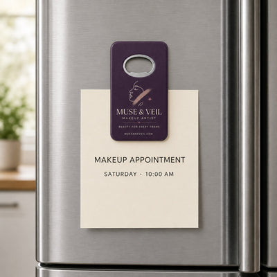 Makeup Artist custom logo bottle opener magnet - held on a refrigerator door by its magnetic back