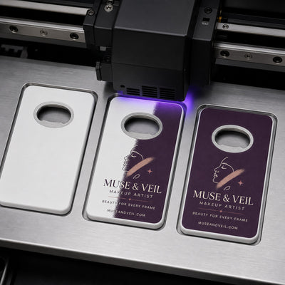 Makeup Artist custom logo bottle opener magnet - close-up of the UV printed logo