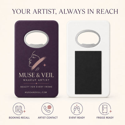 Makeup Artist custom logo bottle opener magnet - front and back of the opener magnet
