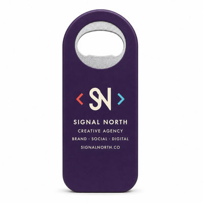 Marketing Agency custom logo bottle opener magnet - front view of the printed promotional magnet