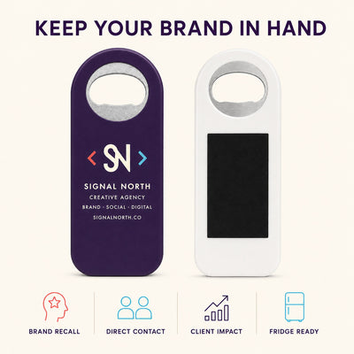 Marketing Agency custom logo bottle opener magnet - front and back of the opener magnet