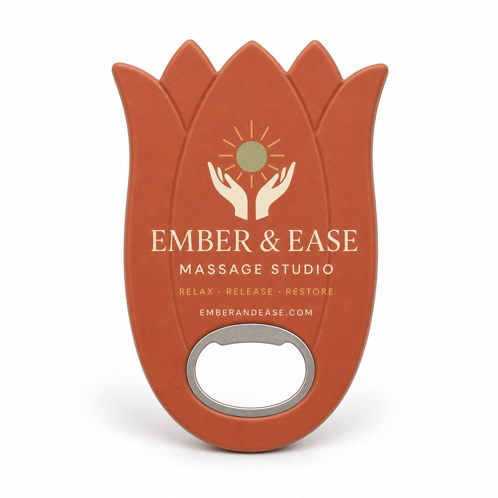 Massage Studio custom logo bottle opener magnet - front view of the printed promotional magnet